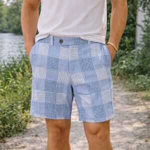 Brooks Brothers SZ 38 Blue Patchwork Plaid Madras 9" 100% Cotton Plaid Shorts